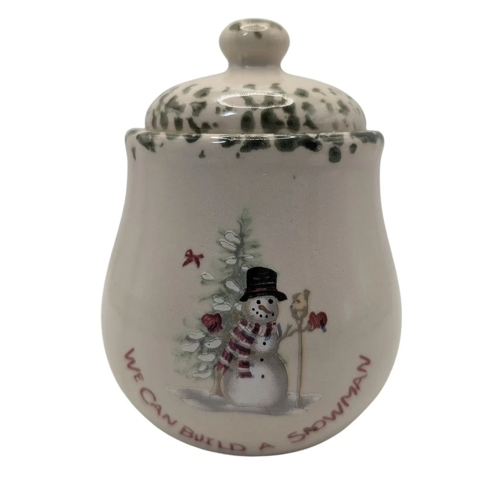 Vintage Sugar Bowl‎ with Lid We Can Build a Snowman Green Sponge Painting SEE